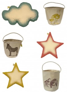 "star cushions and toy storage buckets"