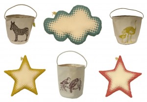 "star cushions and toy storage buckets"