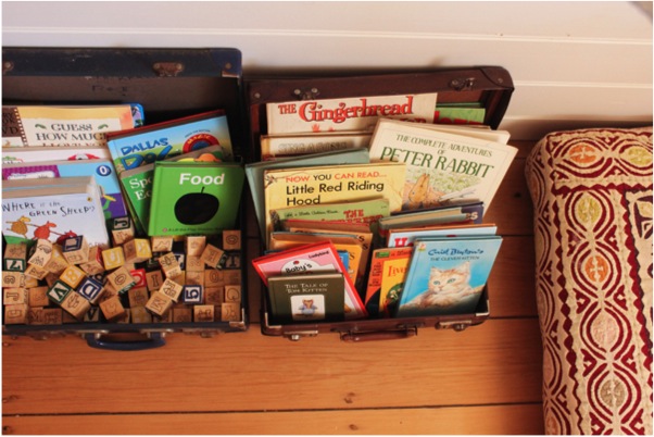 "vintage suitcases for nursery storage"